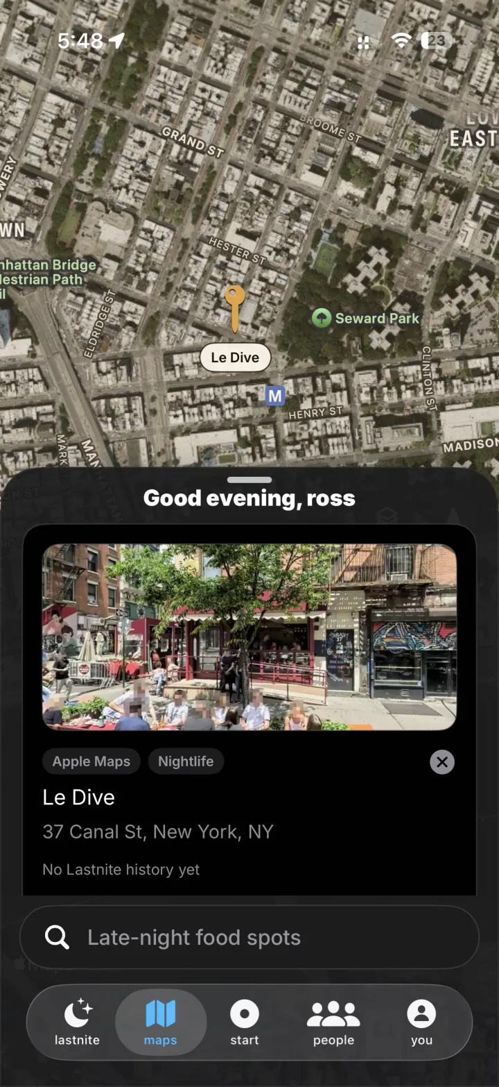 lastnite recommendations map showing venue suggestions.