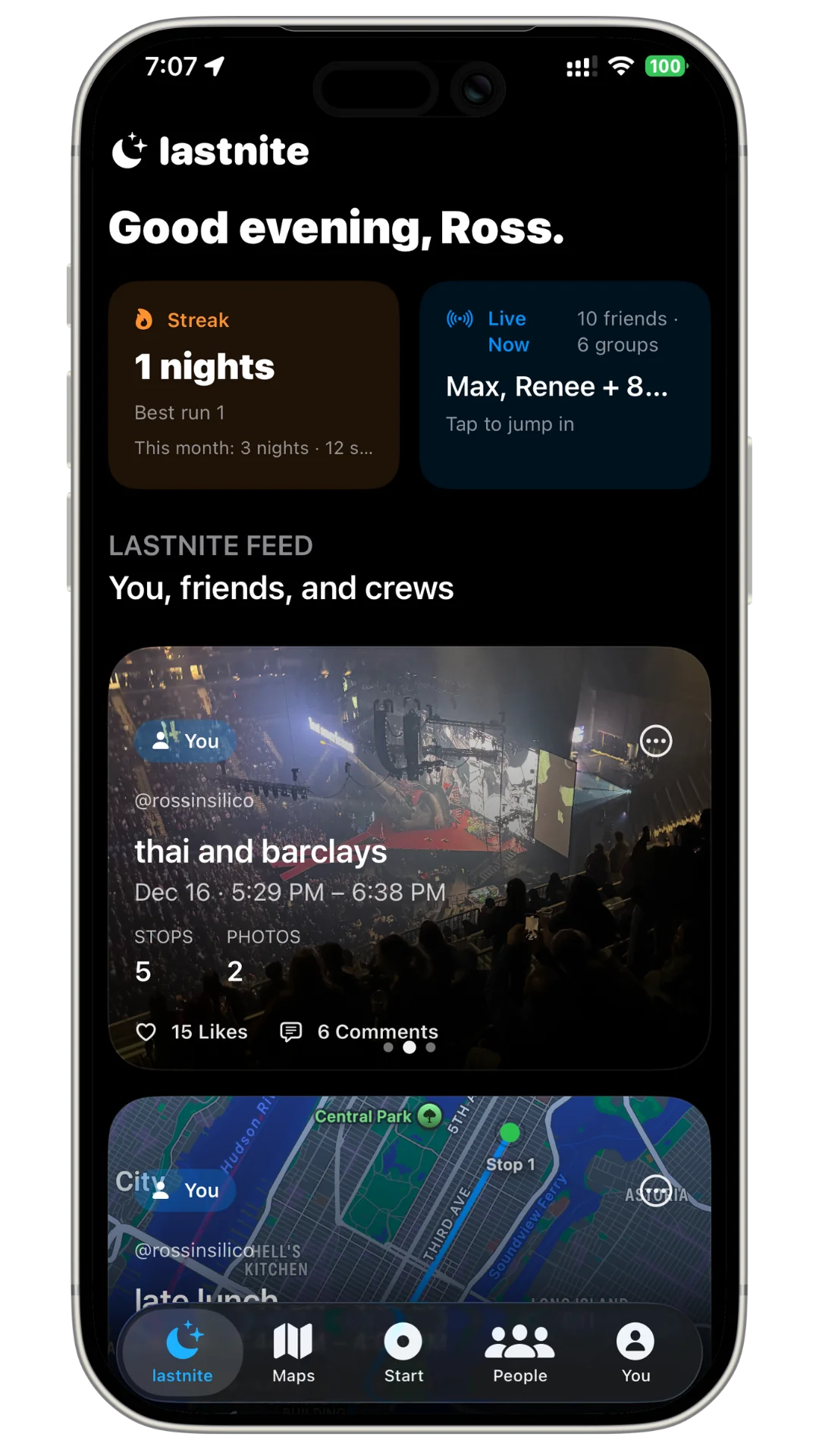 Phone showing night recap map