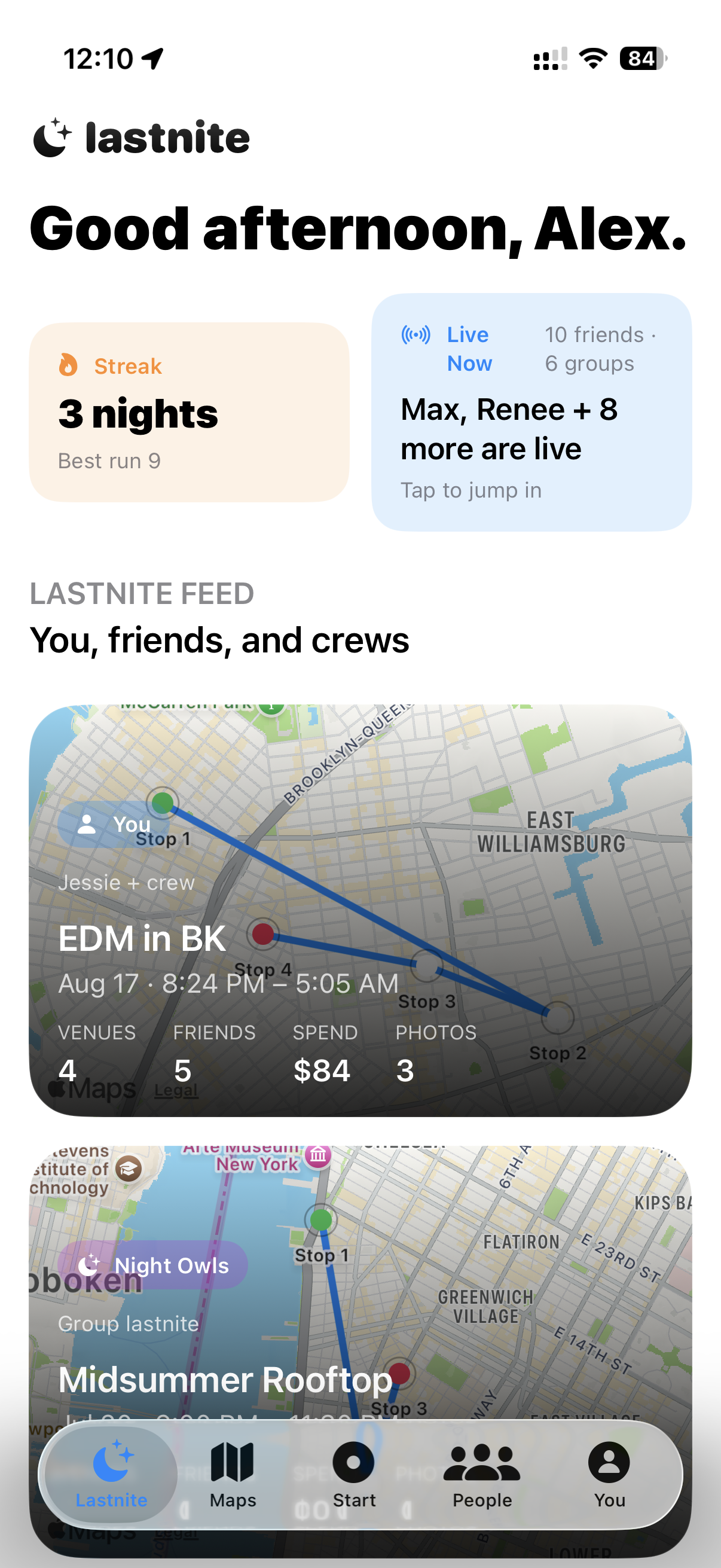 LastNite app screenshot showing the recap feed and stats.